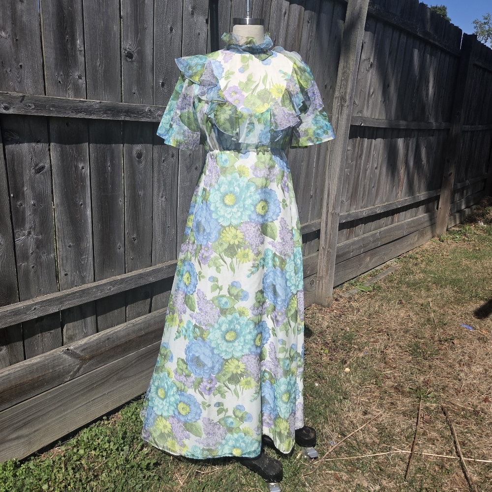 1960s Floral Formal Full Lenght Flutter Sleeve Dress